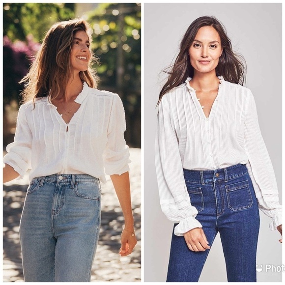 Faherty Willa Top Peasant Blouse White Ruffle Sz L‎ - Picture 1 of 6